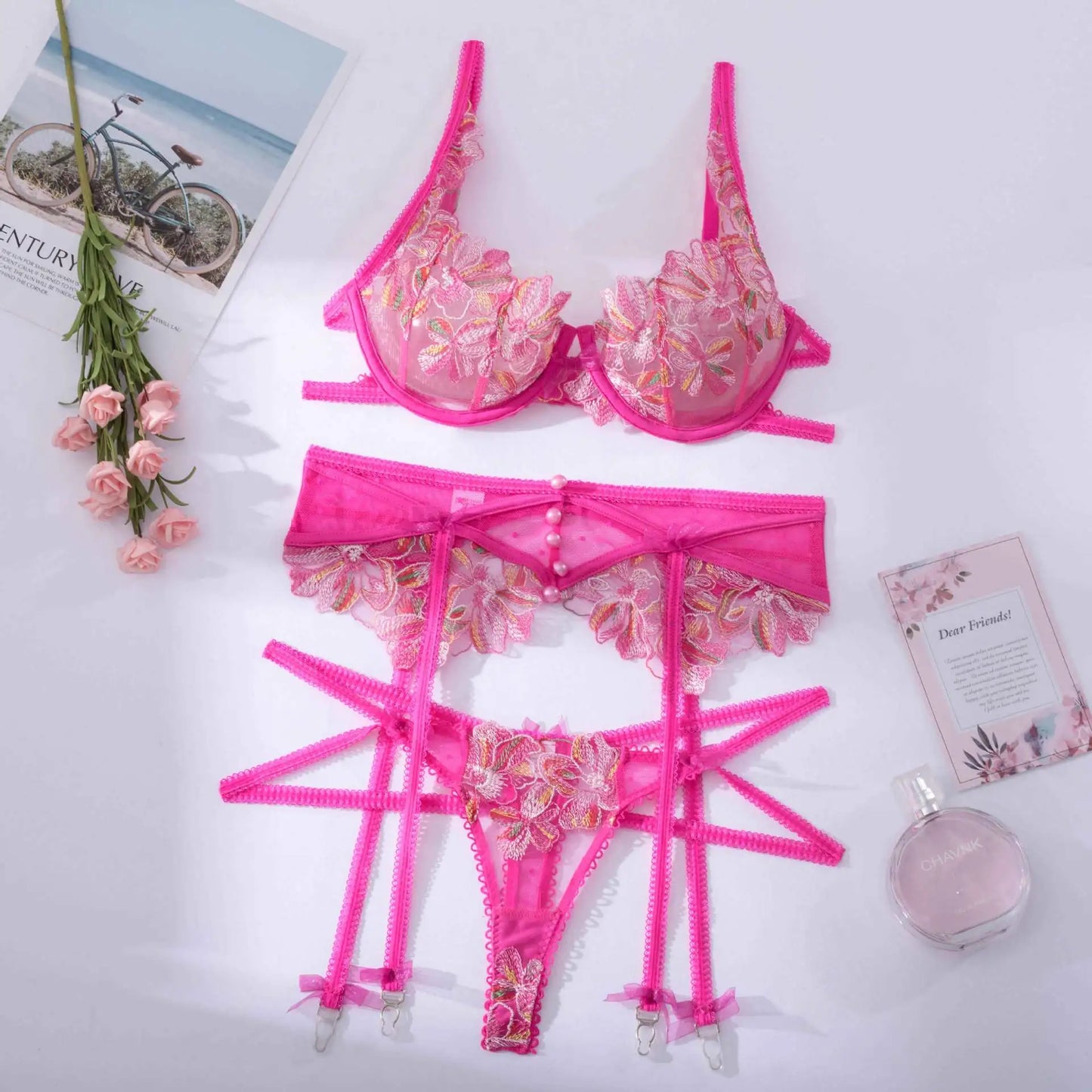 Fancy Pink Lingerie Floral Embroidery Sexy Thongs Garter Bra Suit 3-Pieces Delicate Luxury Lace Beautiful Underwear