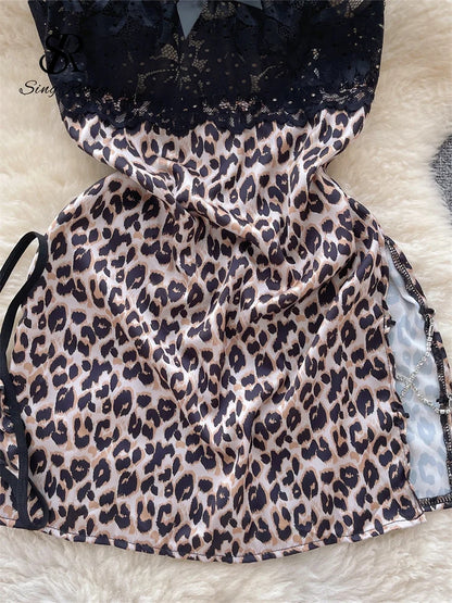 Leopard Print Sexy Short Dress Ladies Strap Sleeveless Slim  Split NIghtwear+Thongs Chain  Lace NIghtdress Wanita