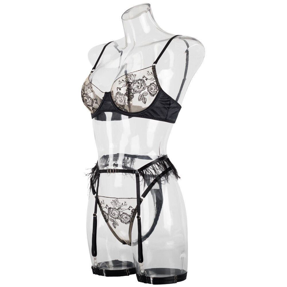 Feder sinnliche Dessous Blumenstickerei Unterwäsche schiere Spitze Set Strumpfbänder nahtlose Sissy Outfit