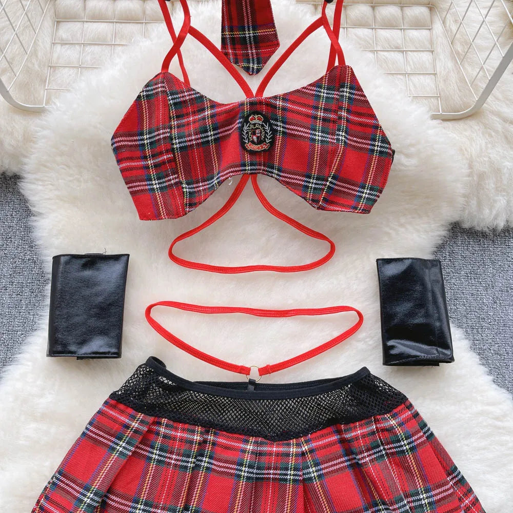 Plaid   Nightwear Two Pieces Set Women Backless Mini Camis+ Short Skirt Preppy Cosplay Sexy Underwear Suits Wanita