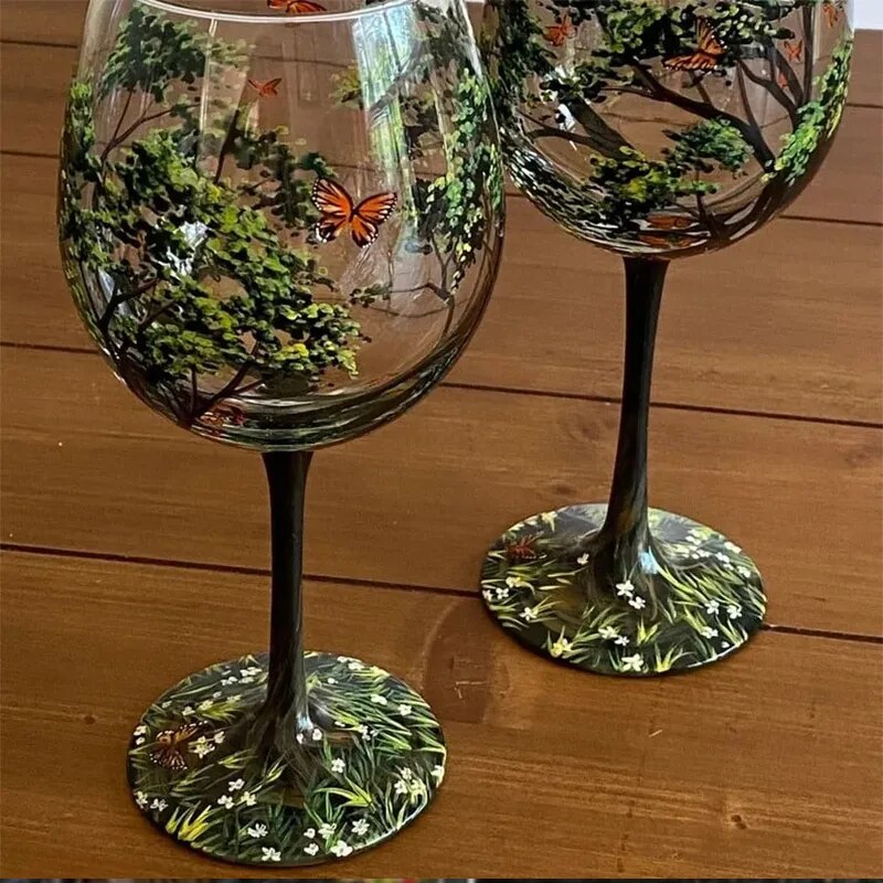 NEW Four Seasons Trees Wine Glasses Creative Printed High Legged Glass Cup for Wine Beer Cocktail Large Capacity Glass Cup Set