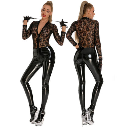 PU Leather Catsuit Women Wetlook Bodysuit Open Crotch Zipper Jumpsuits Female Sexy Lace Lingerie  Skinny Costumes