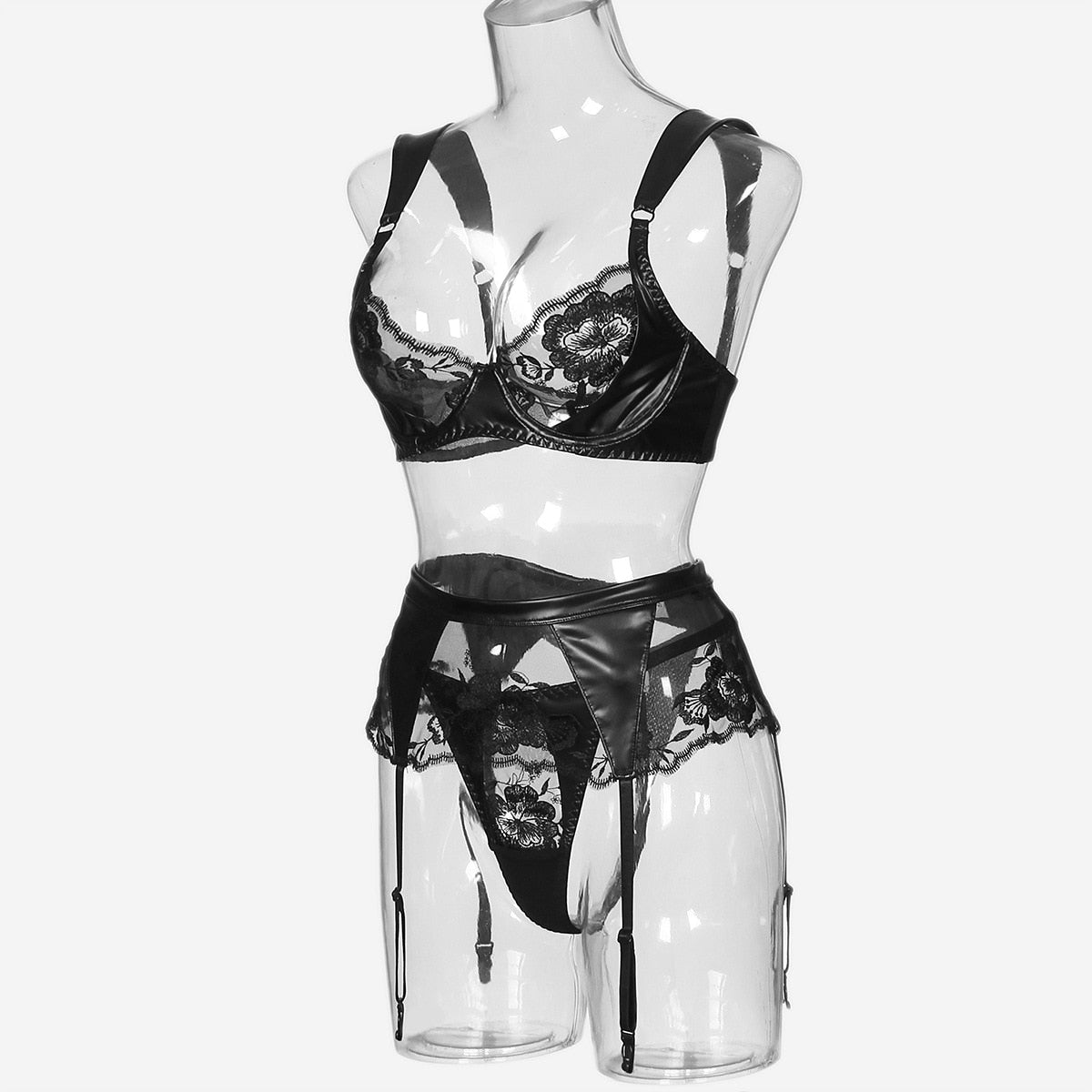 Leder-Dessous, sexy Spitzen-Patchwork-Unterwäsche, 3-teiliges florales transparentes BH- und Höschen-Set, Strumpfband, intimes Outfit