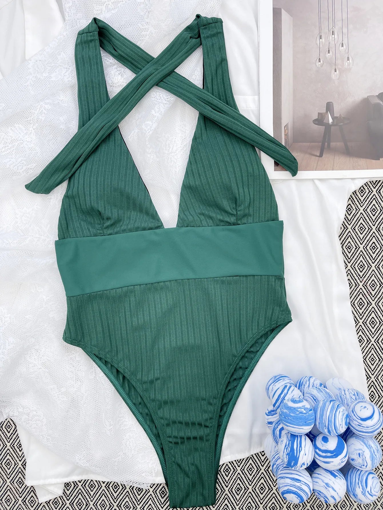 Traje de baño Harajuku con escote en V profundo, traje de baño de una pieza de parches lisos, traje de baño Halter sin espalda, trajes de baño adelgazantes, Monokini