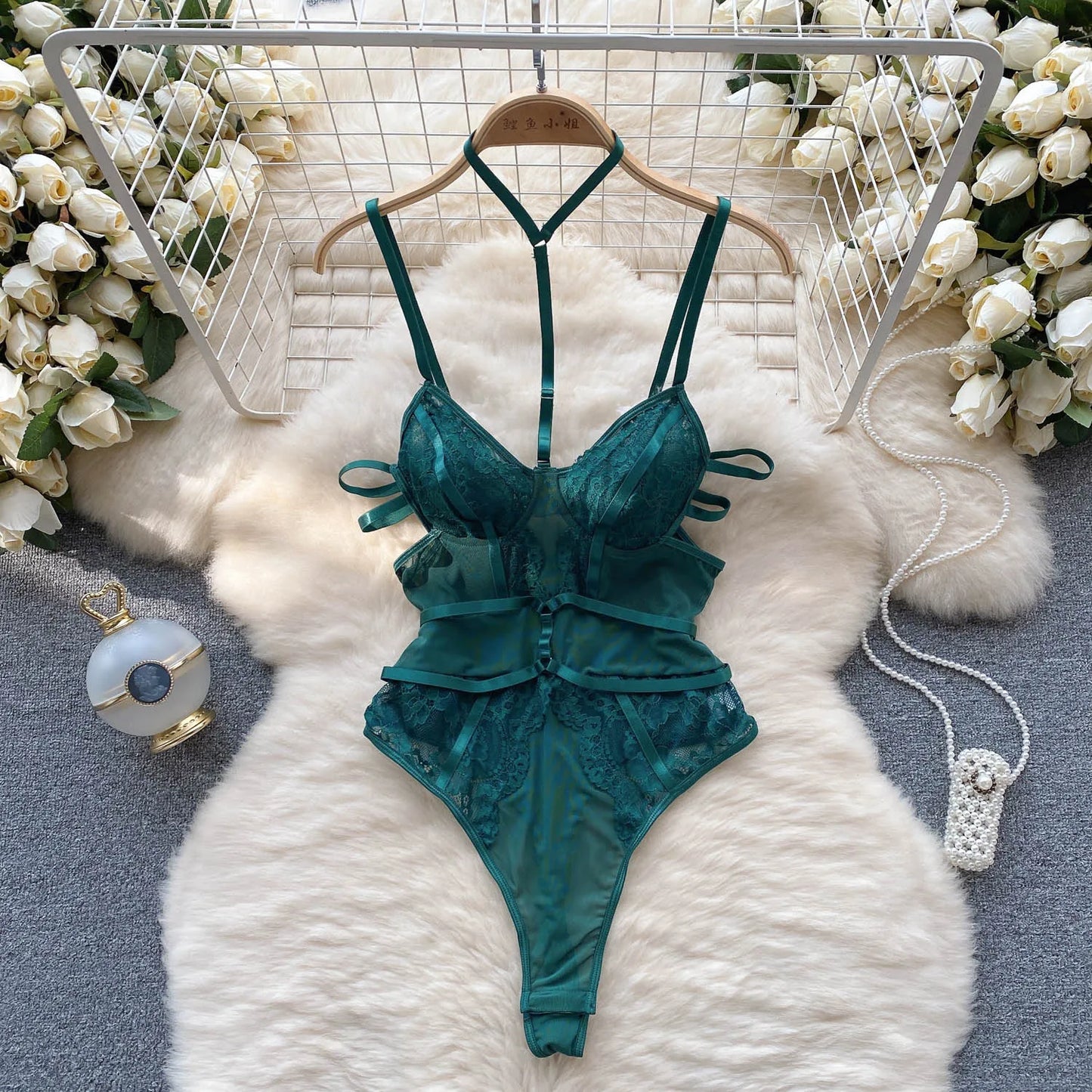 Women Sensual Hollow Out Playsuits Female Halter Strap Transparent Thin Slim Jumpsuits 2023 Mesh Lace Sexy Bodysuits Wanita