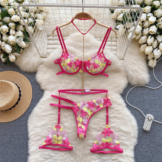 Wanita Fashion Hollow Out  Sleepwear Mesh Lace two Pieces Sets Strap Mini Bra+Thongs Sexy Embroidery Underwear Suits