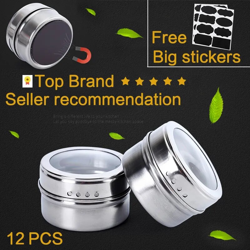 Magnetic Spice Jar Stainless Steel Seasoning Pot Set Household Condiment Bottle Storage Tank Rack with Stickers Kitchen Tools