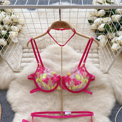 Wanita Fashion Hollow Out  Sleepwear Mesh Lace two Pieces Sets Strap Mini Bra+Thongs Sexy Embroidery Underwear Suits