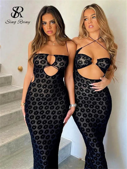 Vestido largo de playa Sexy con tirantes para mujer, vestido veraniego sin mangas con Espalda descubierta, vestido Floral flocado transparente para vacaciones 2023 Wanita