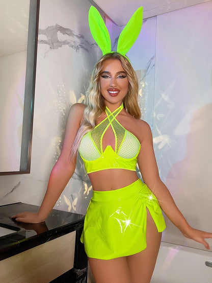 Neon Latex Dessous Fischernetz Kreuz Push-Up BH Rock Leder Set Sexy Bunny Nachtclub PVC Sissy Girl Outfits