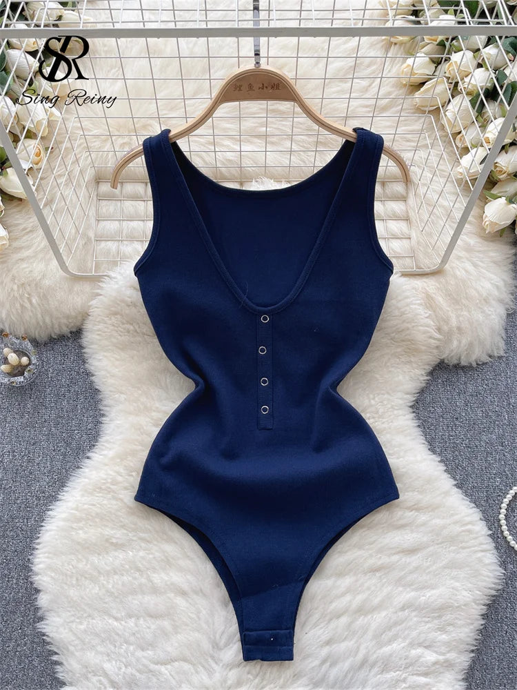 Solid Button Slim Bodysuits 2023 V Neck Sleeveless Open Crotch Sensual Top Ladies Fashion Bodycon Sexy Bodysuits Wanita