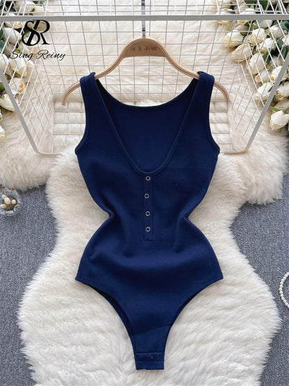 Solid Button Slim Bodysuits 2023 V Neck Sleeveless Open Crotch Sensual Top Ladies Fashion Bodycon Sexy Bodysuits Wanita