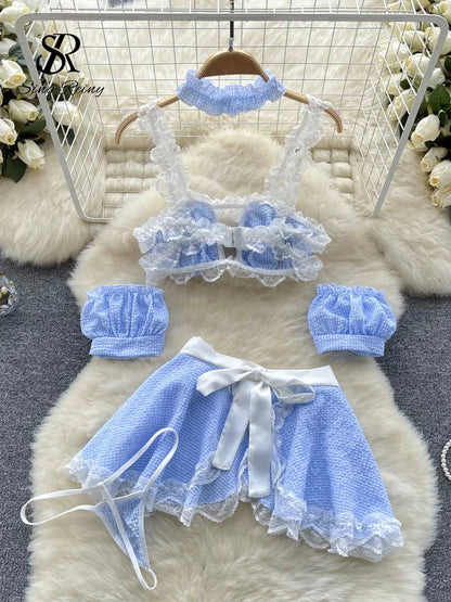 Maidservant Apron Dress Ladies Lace Sweet  Three Pieces Sets Fashion Korean Style Plaid Cosplay Sexy Night Suits Wanita