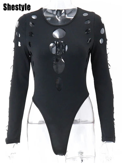 Shestyle Schwarzer Body mit ausgehöhltem Design für Frauen, kalte Schulter, hohe Taille, sexy Halloween, heiße Damen-Bodys, neu gefundenes Oberteil, solide