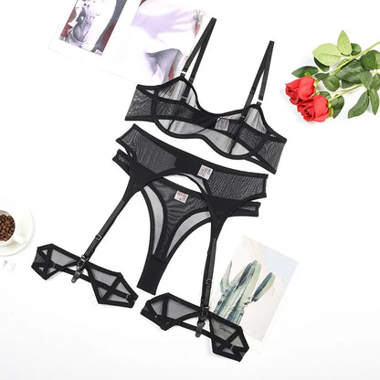 3-Piece Sexy Women's Underwear Transparent Lingerie Garter Bra and Panty Set Lace Intimtae Fine Seamless Outfit