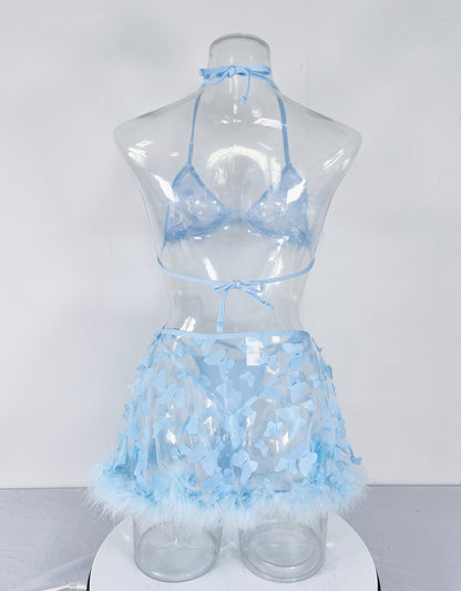 Lencería de plumas, ropa interior de mariposa para mujer, transparente, Sexy, sin sensación, tangas morados, 3 piezas, encaje elegante íntimo