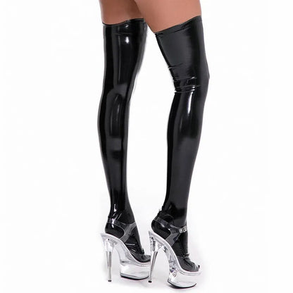 L-3XL Shiny Faux Leather Thigh-High Socks Black Red Over Knee Women Pole Dance Club Party Cosplay Shopping Stockings