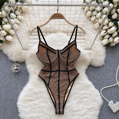 Wanita Damen-Träger, rückenfrei, sexy Bodys, ärmellos, Korsett-Hülle, sinnlicher Bikini, 2023, modische Mesh-Playsuits