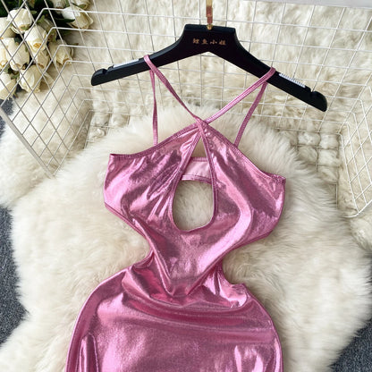 Shiny Hollow Out Sensual Mini Dress 2023 Strap Slim   Short Nightdress Ladies Korean Sexy Bodycon Dress Wanita