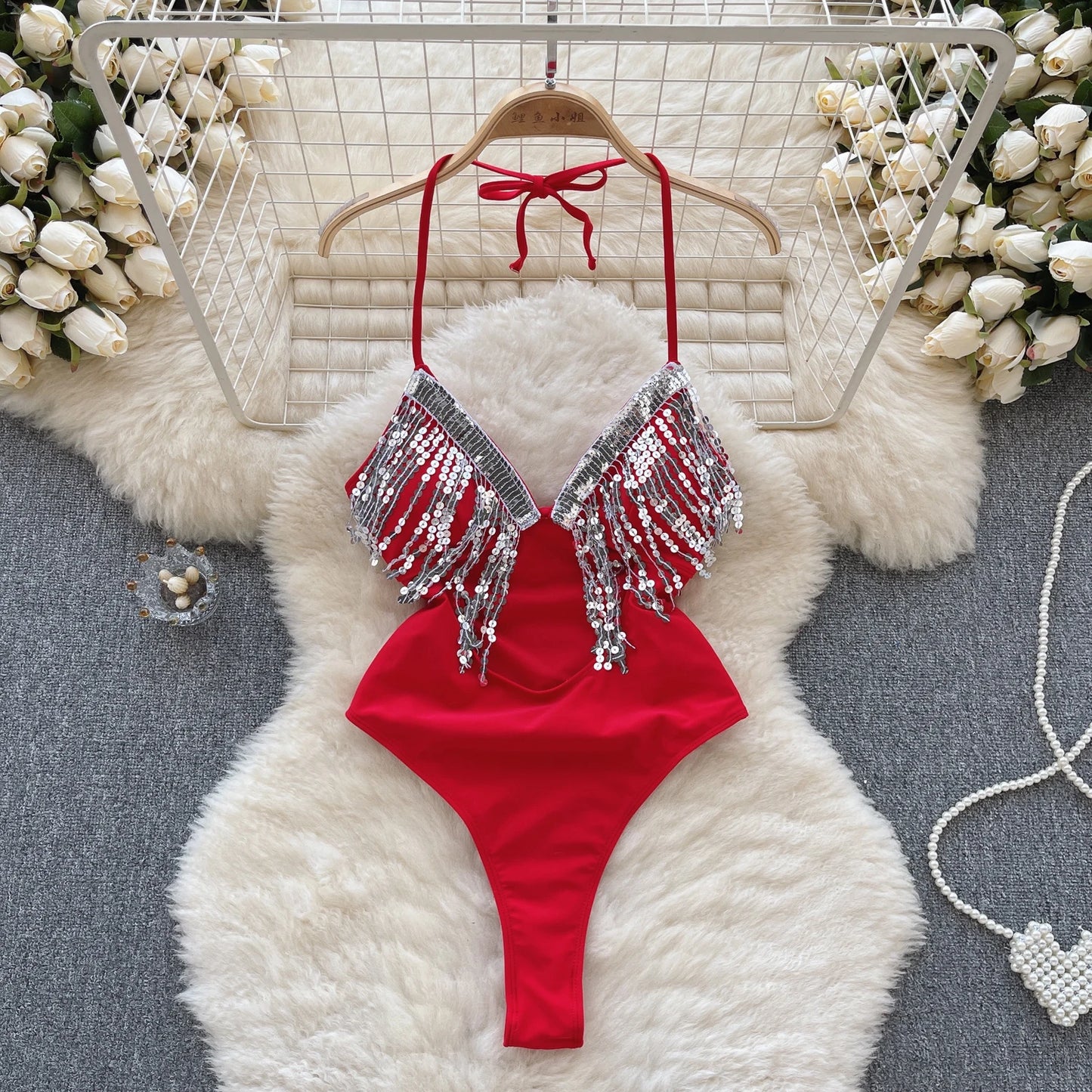 Sequins Shiny Slim Sexy Bodysuits Women Strap V Neck Backless Swimsuits 2023 Fashion Tassel  Sensual Playsuits Wanita