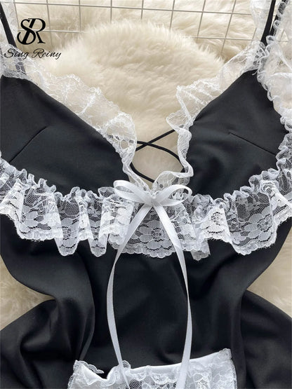 Maidservant Cosplay Lace Nightwear Suits Women Rufflest  Mini Dress+Thongs 2023 Japan Style  Sexy Nightdress Wanita