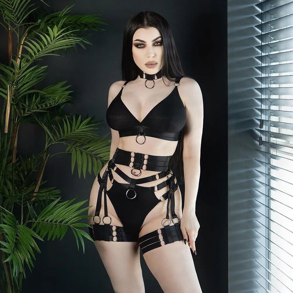 Gothic-Dessous, sexy Tüll-Unterwäsche, durchsichtiges Strumpfband, 4-teilige nahtlose Intim-Slip-Sets