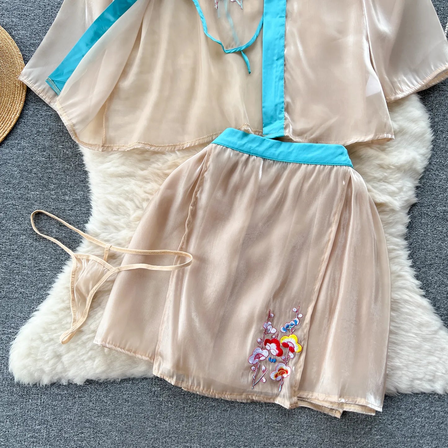 Vintage Stickerei Sexy Nacht Anzüge Weibliche Lose Blumen Camis + Mini Rock + Tangas Chinesischen Stil Cosplay Sheer Nachtwäsche Wanita