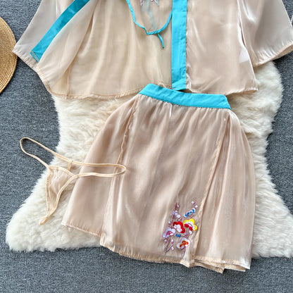 Vintage Embroidery Sexy Night Suits Female Loose Floral Camis+Mini Skirt+Thongs Chinese Style Cosplay Sheer Nightwear Wanita