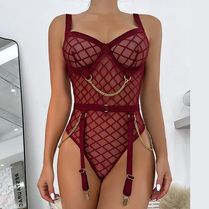 Karierter Body, sinnliche Dessous mit Kette, offener Schritt, Teddybär, transparente Spitze, Sissy-Body, sexy Strumpfhosen