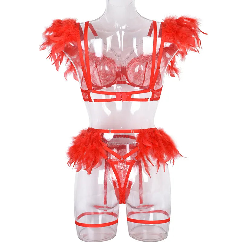 Ropa interior transparente para mujer, decoración de plumas de lujo, lencería con cadena de Metal, traje de Tanga, ropa Punk Sexy