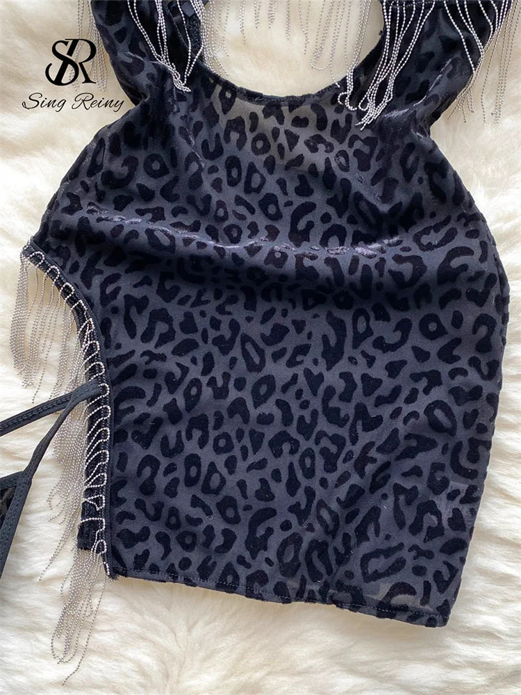 Vestido sexi transparente con estampado de leopardo para mujer, ropa de dormir Sensual ajustada con tirantes y tangas, vestido de noche con espalda descubierta y borlas Wanita