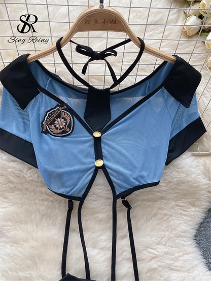 Conjuntos de uniformes sexys de estilo pijo para mujer, Top transparente con cuello de pico, minifalda con cordones y tangas, trajes de Cosplay calados Wanita 2023