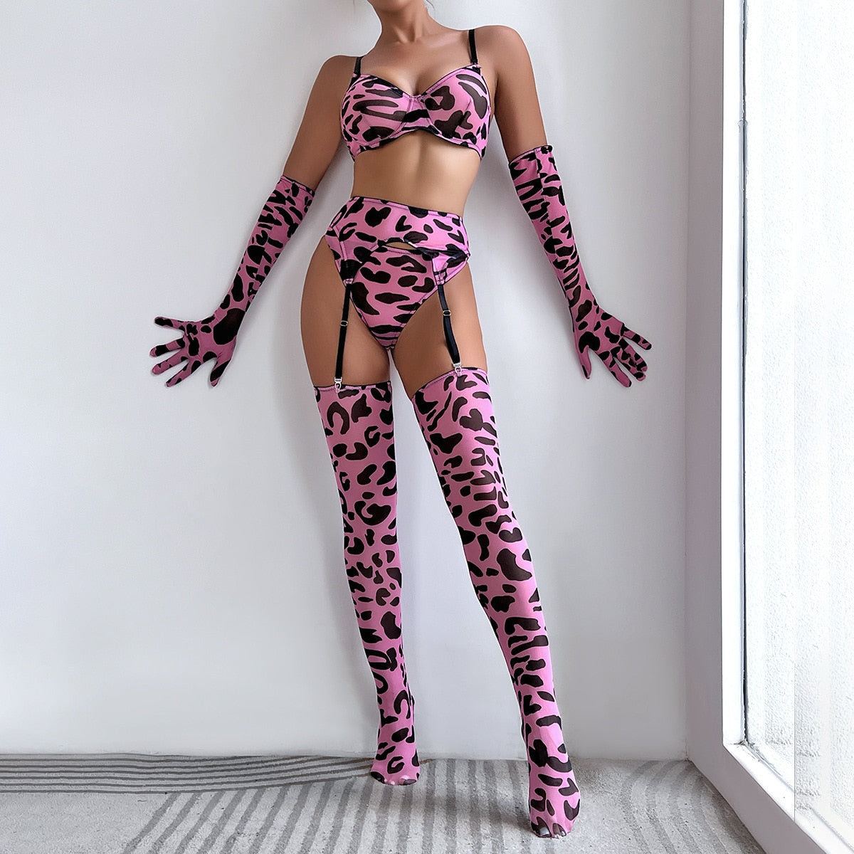 Lencería de leopardo con guantes de media, ropa interior sin costuras, conjunto de liguero Sensual, trajes sexys íntimos rosa