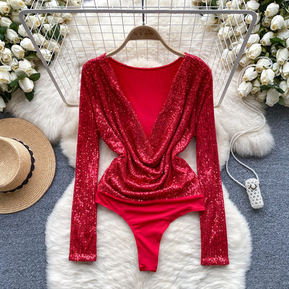 Senior Women Sheath Sexy Bodysuits Long Sleeved Backless Open Crotch Shapewear 2023 Fashion Sequins Night Club Outfit Wanita