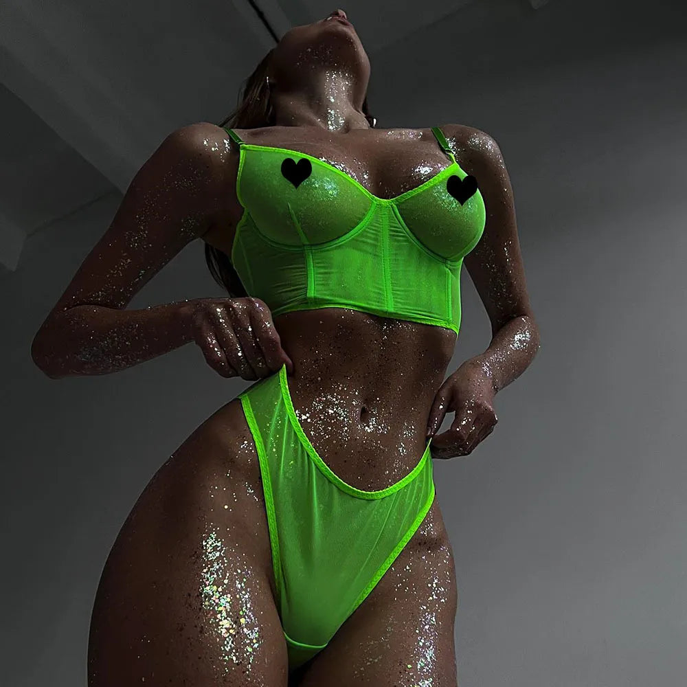 Sexy lingerie Women Neon Green Female Underwear Intimate Bra and Panty Set Woman 2 Pieces Lace See Through Outfit