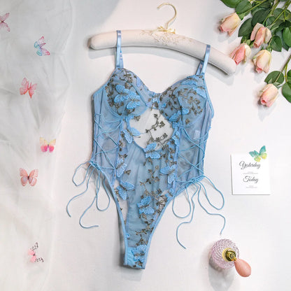 Wanita-monos transparentes con bordado Floral para mujer, ropa de dormir con tirantes de mariposa, monos sexys de malla ajustada con cordones y espalda descubierta