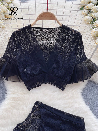 Hollow Out Lace  Nightsuits Ladies V Neck Short Sleeves Top+Sensual Mini Skirt Korean Sheer  Sexy Outfit Wanita