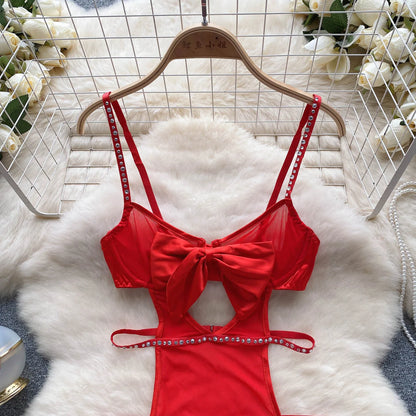 Transparent Mesh   Bodysuits Strap Splice Beading Hollow Out Bow 2023 Christmas Apparel Sheer Sexy Playsuits Wanita