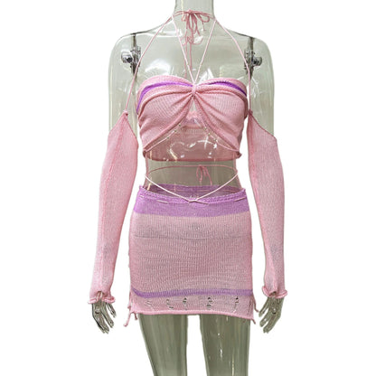 Conjunto de punto de dos piezas con cuello Halter Y2k para mujer, vestido de cóctel envolvente de ganchillo con encaje rosa, conjunto de falda de 2 piezas calado a la moda 2023