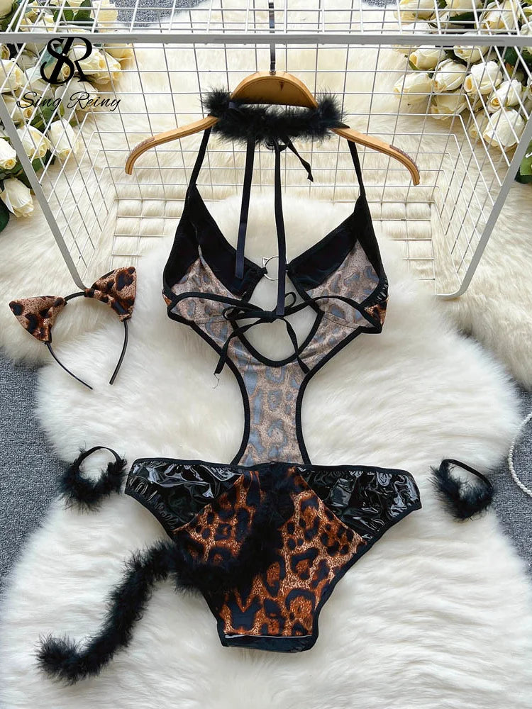 Monos sexys de cuero de leopardo para mujer, ropa de dormir ajustada con cuello Halter, monos de Cosplay coreanos con espalda descubierta Wanita