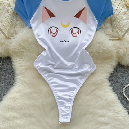 Monos ajustados dulces de verano para mujer, camiseta con estampado de gato de manga corta y cuello redondo, monos sexys elásticos con entrepierna abierta para mujer Wanita