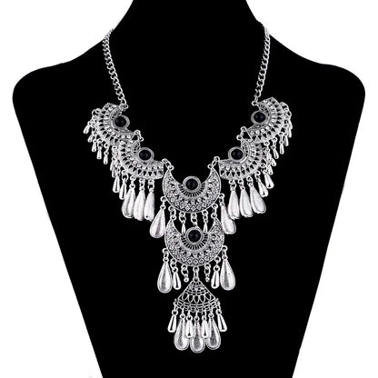 Vintage Ethnic Exaggerated Statement Necklaces Antique Silver Color Carved Water Drop Tassel Necklaces For Women Boho Jewelry