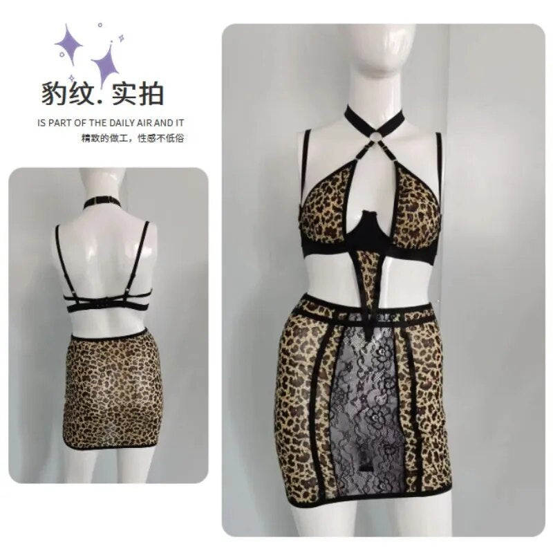 Plus Size Wild Leopard Lingerie Set Women Outfits Sexy Nightclub Halter Drawstring  Skirt Sets 18+ See Through Rave Wear