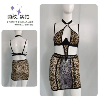 Plus Size Wild Leopard Dessous Set Damen Outfits Sexy Nachtclub Neckholder Kordelzug Rock Sets 18+ Durchsichtig Rave Wear