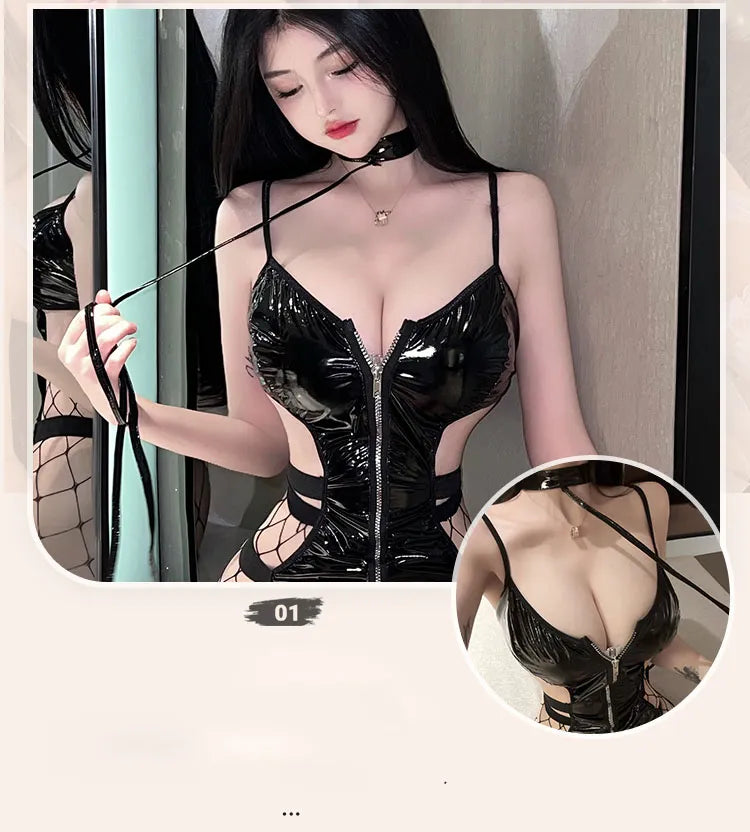 Skinny Leather One-piece Bodysuit Passion Motorcycle Uniform Temptation Sexy Lingerie Women Zipper  Body  Costumes