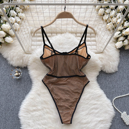 Wanita Damen-Träger, rückenfrei, sexy Bodys, ärmellos, Korsett-Hülle, sinnlicher Bikini, 2023, modische Mesh-Playsuits