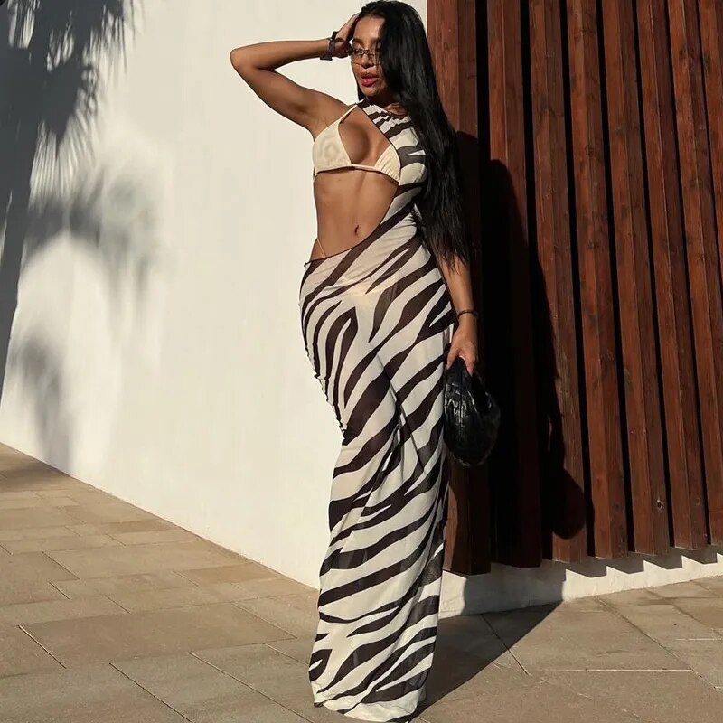 Zebra Print Long Beach Dress Cover-Ups Sexy Transparent Mesh Maxi Dress Striped Cut Out Bodycon Vacation Summer Dress Women 2023