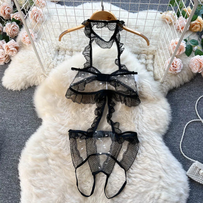 2023 Lace Sheer Sexy Bodysuits Women Halter Polka Dot Open Crotch Slim Jumpsuit New Transparent  o Nightwear Wanita