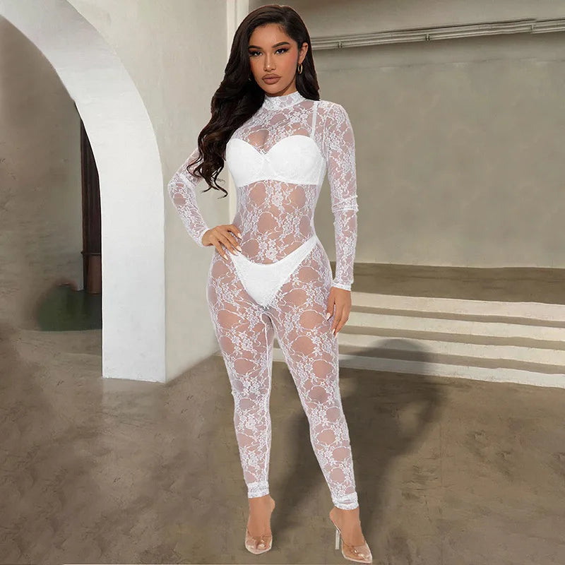 New Fashion Sexy See-through White Lace Mesh Jumpsuits Women 2023 Fall Winter Long Sleeve See-through Bodysuit Night Club Outfit