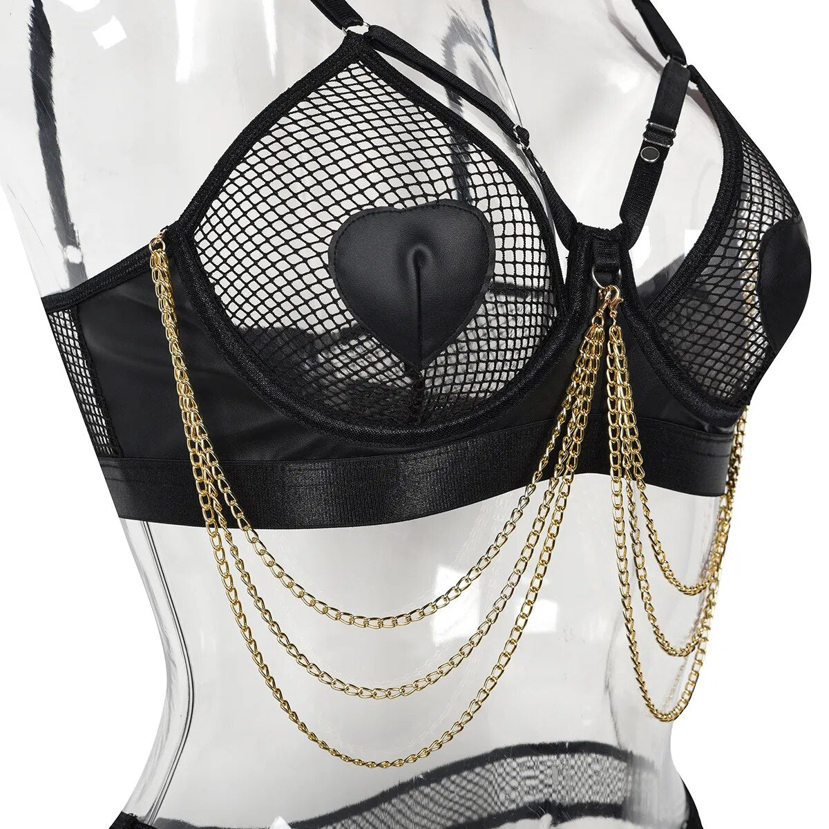 Lencería de red, sujetador transparente Sensual con cadena, conjunto Sissy Bilizna, ropa interior de cuero transparente desnuda